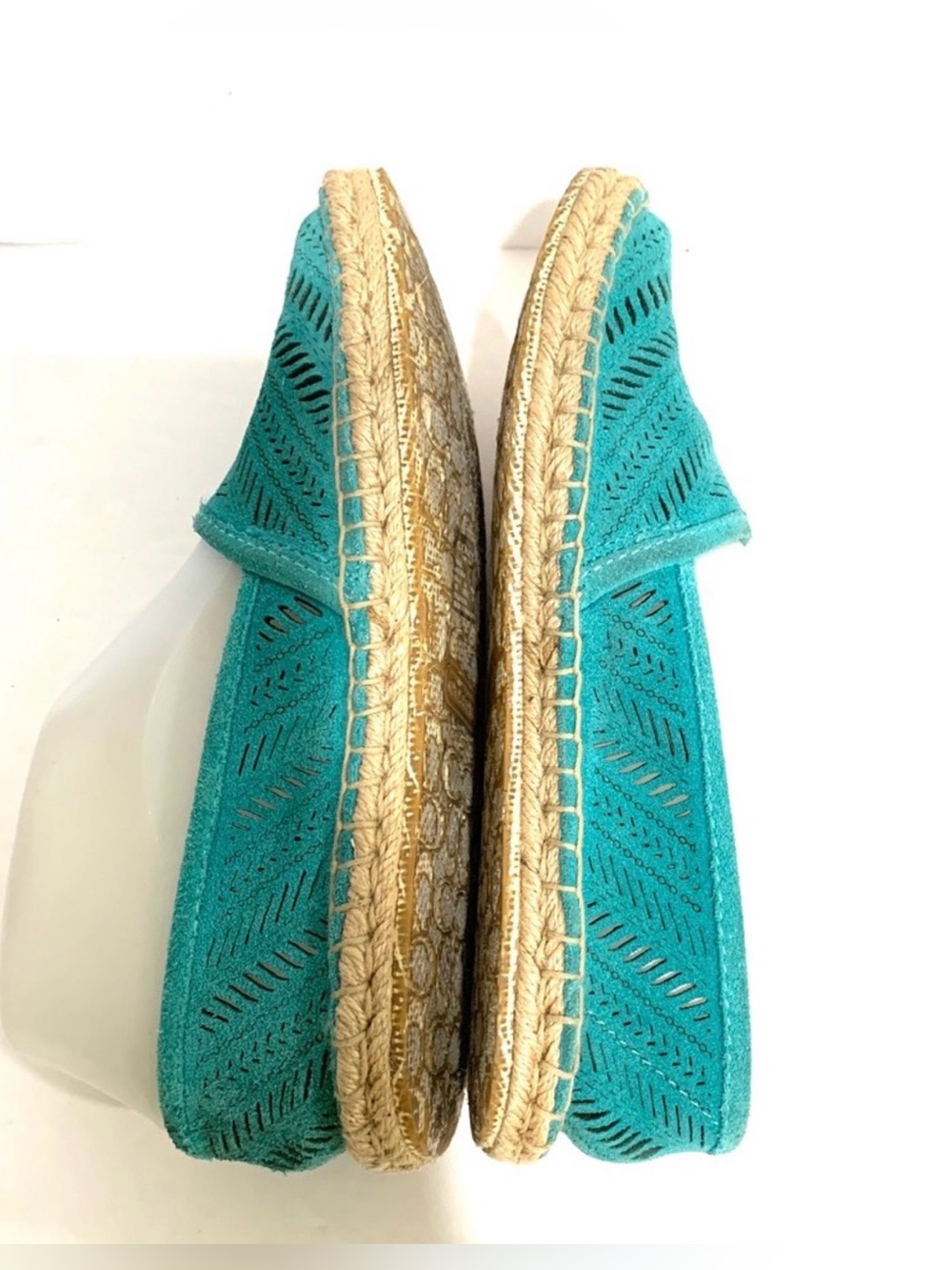 Coach Justeen Turquoise Blue Perforated Suede Whipstitched Espadrille Flats Sz 5 - Picture 6 of 15